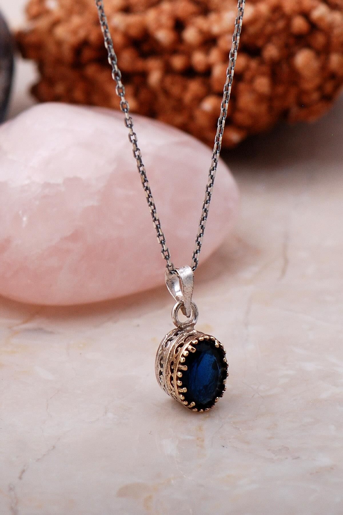 Safir Taşlı Elişi Gümüş Kolye 6818
