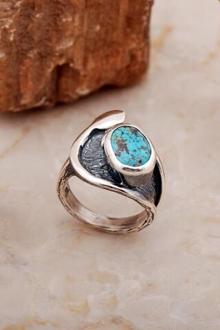 Turkuaz Taşlı Elişi Tasarım Çekiç Dövme Gümüş Yüzük 5829