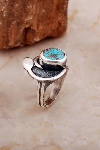 Turkuaz Taşlı Elişi Tasarım Çekiç Dövme Gümüş Yüzük 5829
