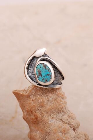 Turkuaz Taşlı Elişi Tasarım Çekiç Dövme Gümüş Yüzük 5829