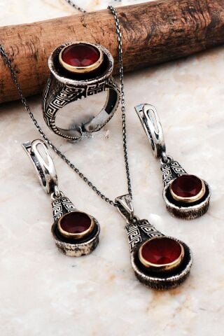 Yakut Taşlı Tasarım Elişi Gümüş Set 2274