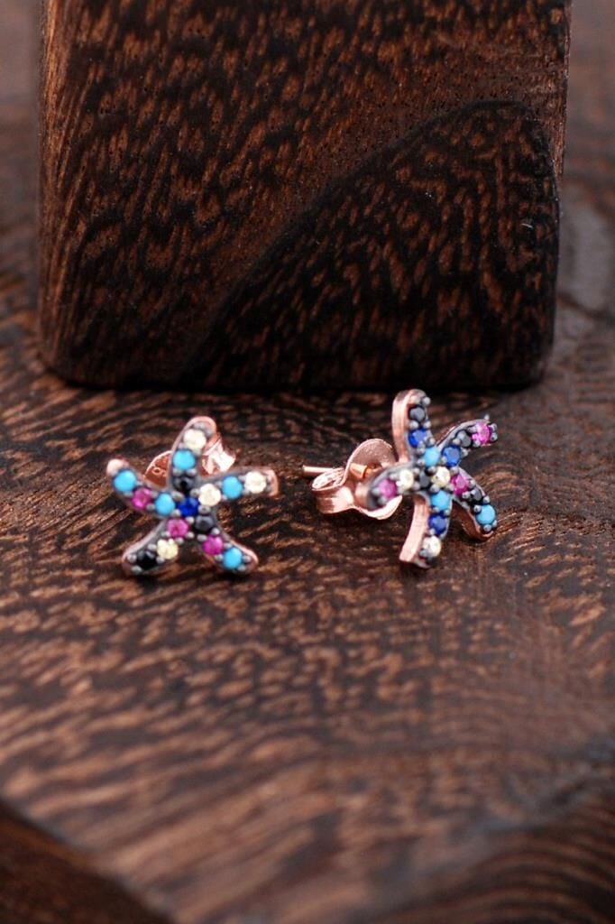 Deniz Yıldızlı Rose Gümüş Küpe 2396