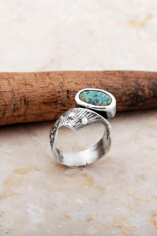Turkuaz Taşlı Çekiç Dövme Elişi Tasarım Gümüş Yüzük 5830