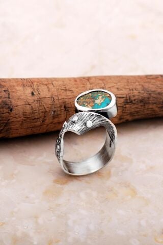 Turkuaz Taşlı Çekiç Dövme Elişi Tasarım Gümüş Yüzük 5830