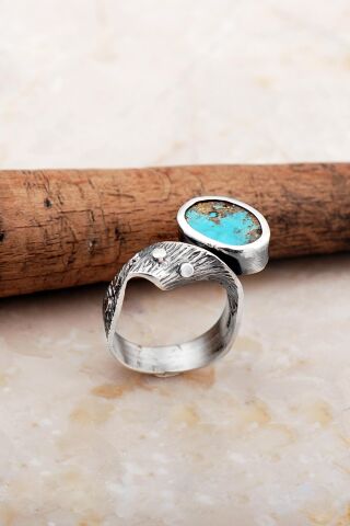 Turkuaz Taşlı Çekiç Dövme Elişi Tasarım Gümüş Yüzük 5830