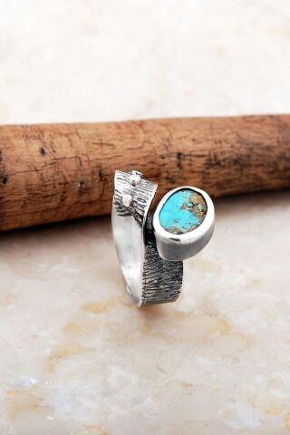 Turkuaz Taşlı Çekiç Dövme Elişi Tasarım Gümüş Yüzük 5830