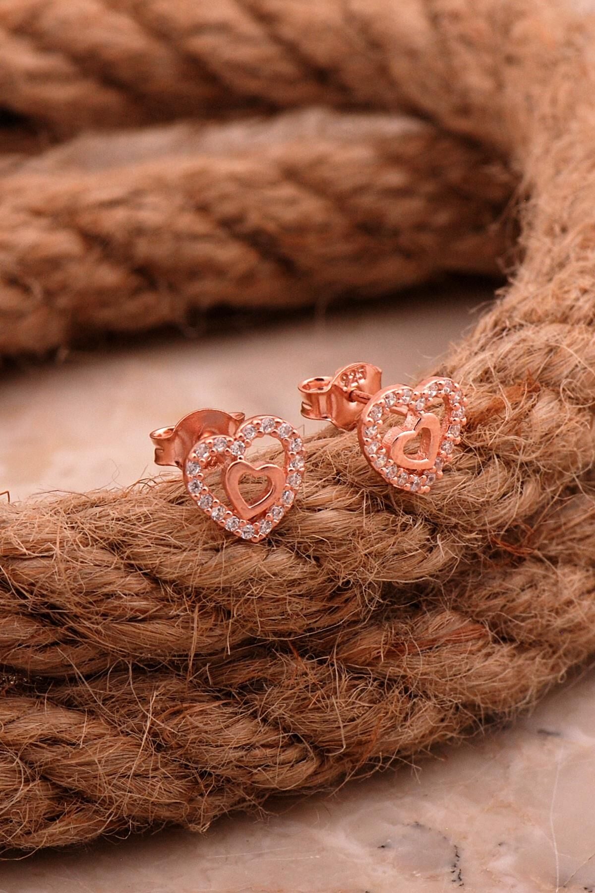 Çift Kalp Mini Rose Gümüş Küpe 6811