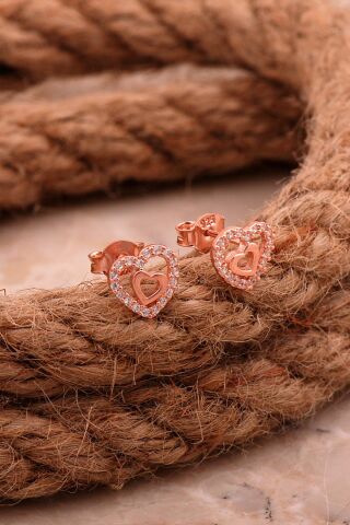 Çift Kalp Mini Rose Gümüş Küpe 6811