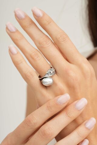 İnci Taşlı Çekiç Dövme Elişi Tasarım Gümüş Yüzük 5831