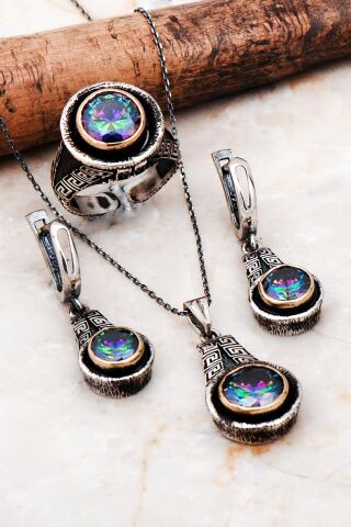 Mistik Topaz Taşlı Tasarım Elişi Gümüş Set 2276