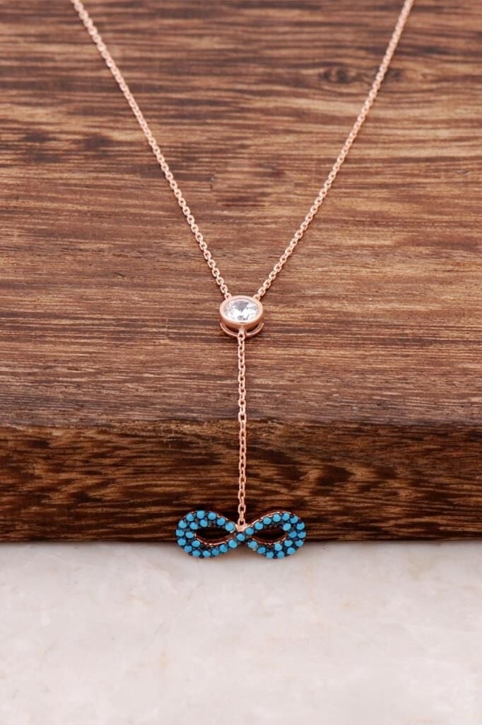 Turkuaz Taşlı Sonsuzluk Tasarımlı Rose Gümüş Kolye 1112