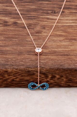 Turkuaz Taşlı Sonsuzluk Tasarımlı Rose Gümüş Kolye 1112