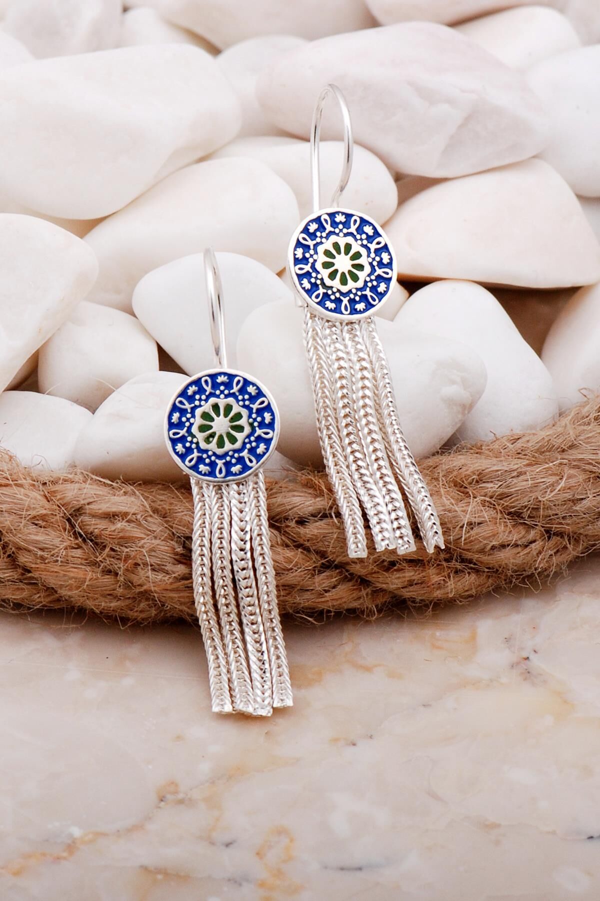 Anadolu Motifli Mineli Elişi Hasır Gümüş Küpe 5937