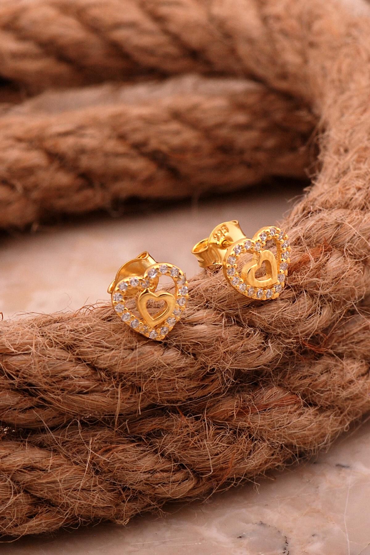 Çift Kalp Mini Altın Kaplama Gümüş Küpe 6812