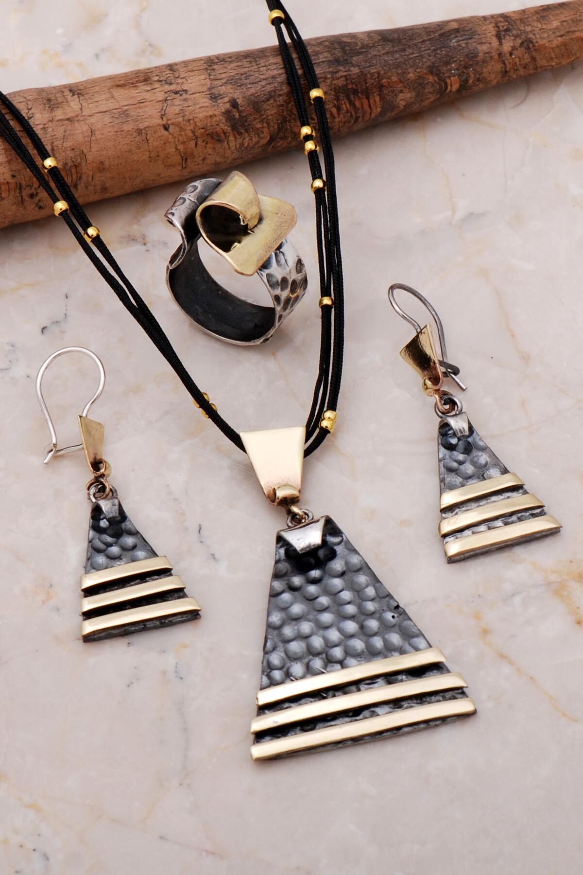 Dövme Elişi Üçgen Tasarım Gümüş Set 2159