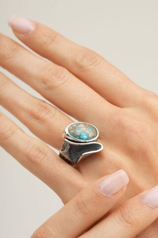 Firuze Taşlı Çekiç Dövme Elişi Tasarım Gümüş Yüzük 5832