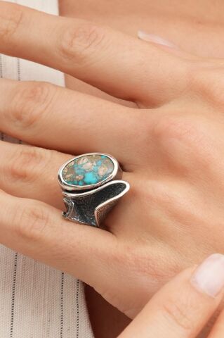 Firuze Taşlı Çekiç Dövme Elişi Tasarım Gümüş Yüzük 5832