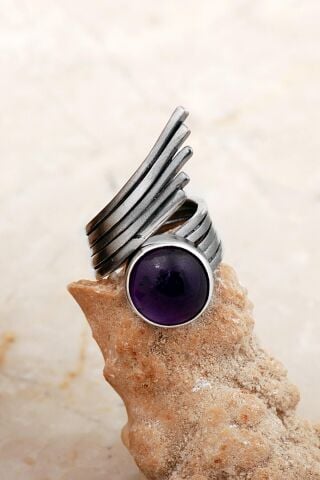 Ametist Taşlı Tasarım Kanat Modeli Elişi Gümüş Yüzük 5833