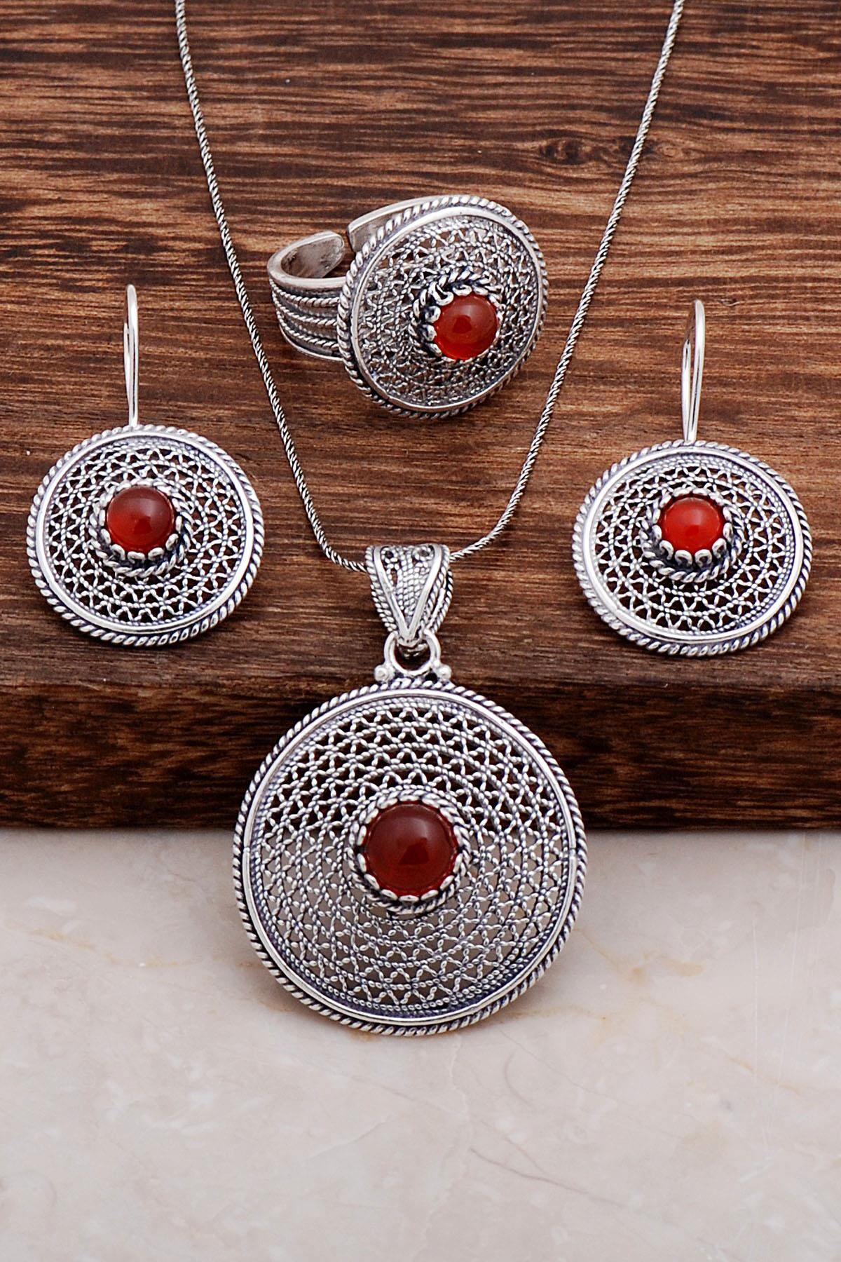 Akik Taşlı Telkari İşlemeli Gümüş Set 2010