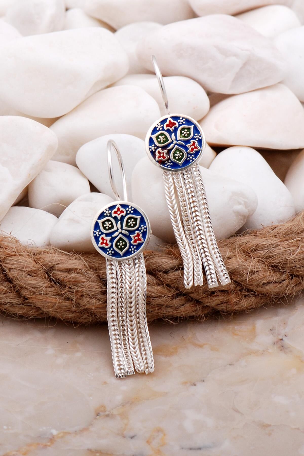 Anadolu Motifli Mineli Elişi Hasır Gümüş Küpe 5939