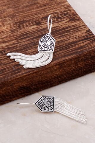 Asur Motifli Elişi Gümüş Sallantılı Küpe 4906
