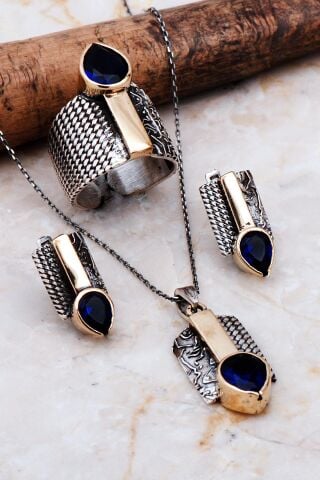 Safir Taşlı Tasarım Elişi Gümüş Set 2279