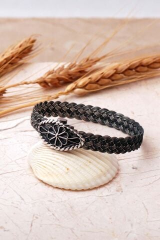 Sepet Örgü Hasır Telkari İşlemeli 925 Ayar Gümüş Eskitme Bilezik 4850