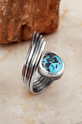 Turkuaz Taşlı Tasarım Kanat Modeli Elişi Gümüş Yüzük 5834