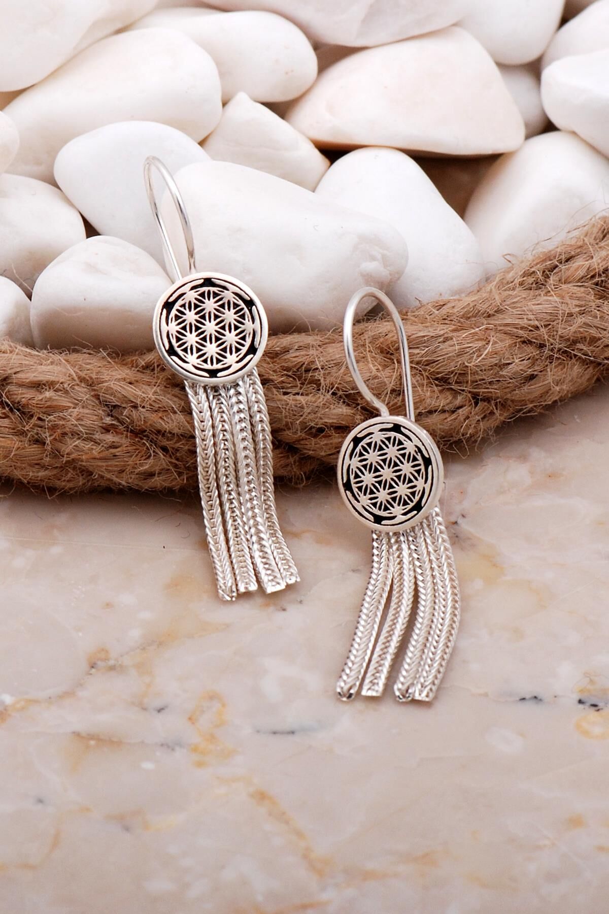 Yaşam Çiçeği Elişi Hasır Gümüş Küpe 5940