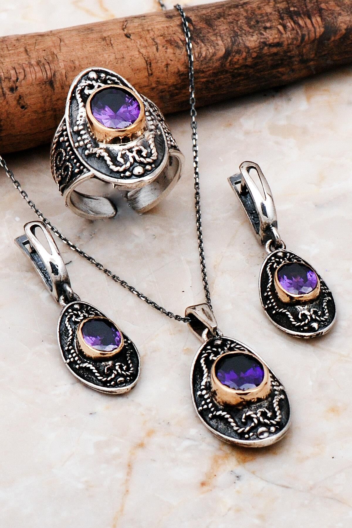 Ametist Taşlı Oval Elişi Gümüş Set 2281