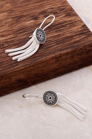 Asur Motifli Elişi Sallantılı Gümüş Küpe 4908