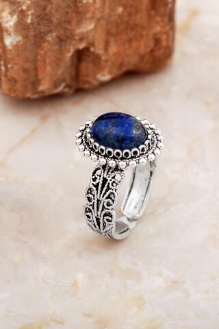 Lapis Lazuli Taşlı Telkari Elişi Oval Gümüş Yüzük 5836