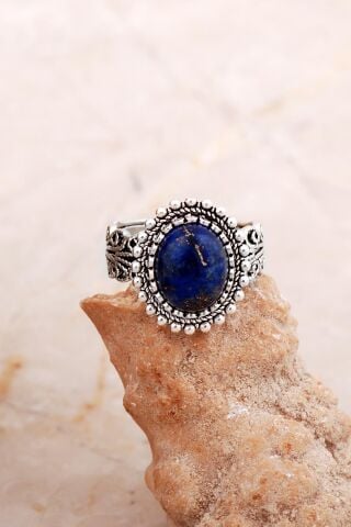 Lapis Lazuli Taşlı Telkari Elişi Oval Gümüş Yüzük 5836