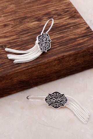 Asur Motifli Elişi Gümüş Sallantılı Küpe 4909