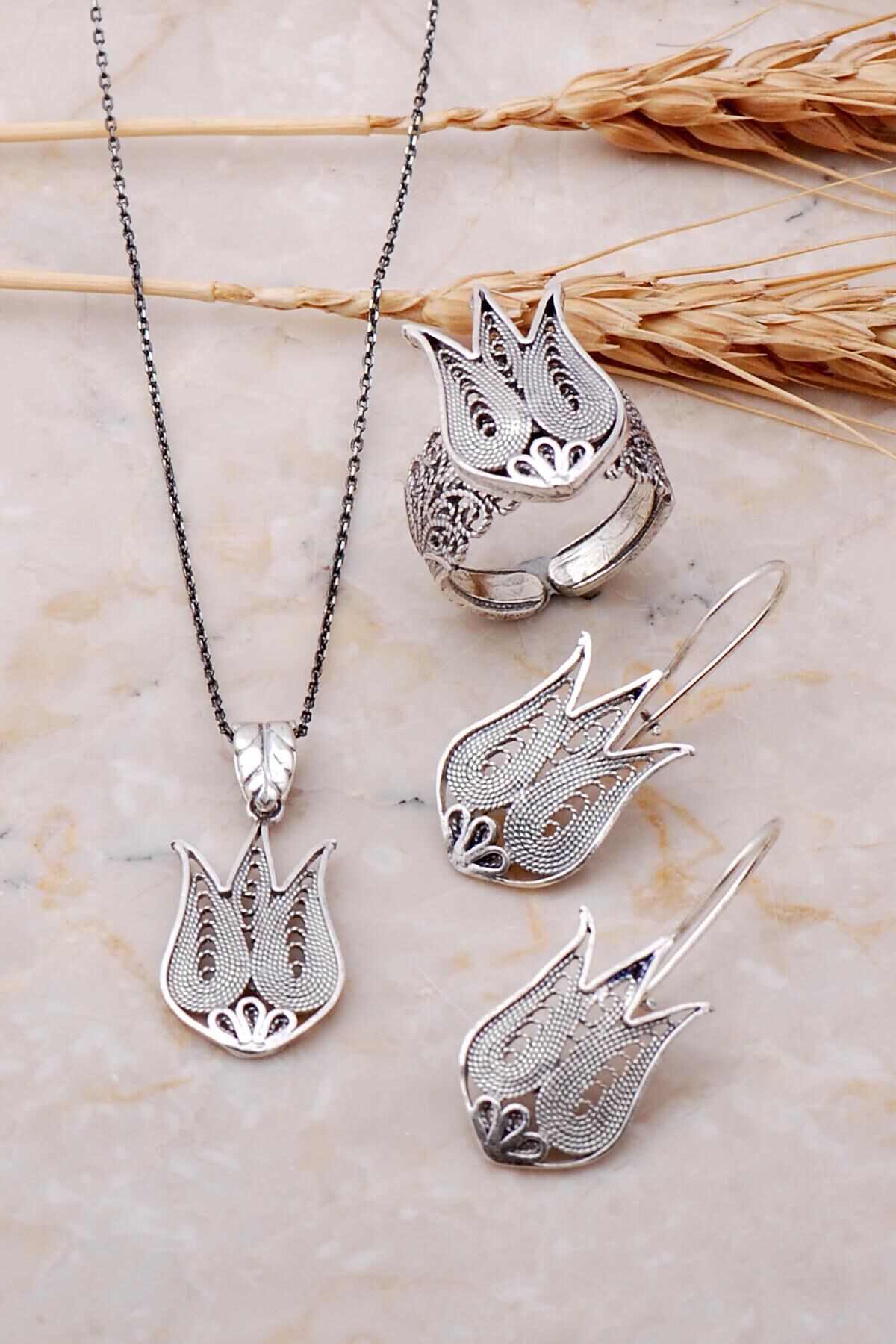 Laleli Telkari İşlemeli Gümüş Set 2013