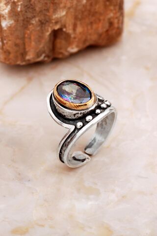 Mistik Topaz Taşlı Çekiç Dövme Elişi Tasarım Gümüş Yüzük 5837