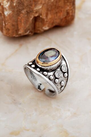 Mistik Topaz Taşlı Çekiç Dövme Elişi Tasarım Gümüş Yüzük 5837