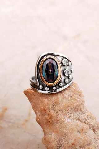 Mistik Topaz Taşlı Çekiç Dövme Elişi Tasarım Gümüş Yüzük 5837