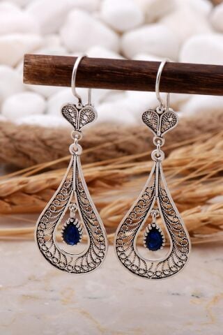 Safir Taşlı Damla Telkari Elişi Gümüş Küpe 5769