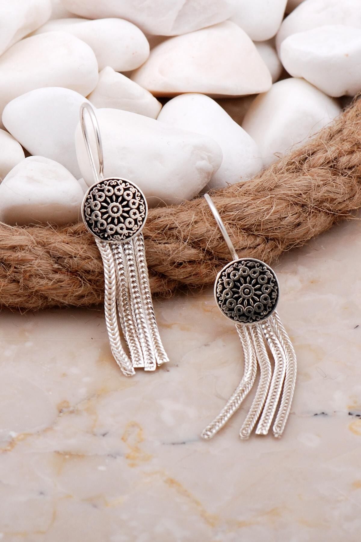 Anadolu Motifli Elişi Hasır Gümüş Küpe 5943