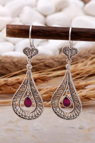 Kök Yakut Taşlı Damla Telkari Elişi Gümüş Küpe 5769