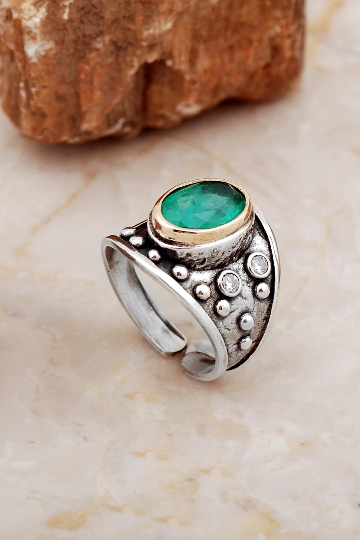 Paraiba Taşlı Çekiç Dövme Elişi Tasarım Gümüş Yüzük 5838