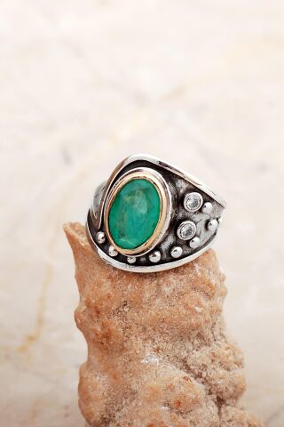 Paraiba Taşlı Çekiç Dövme Elişi Tasarım Gümüş Yüzük 5838