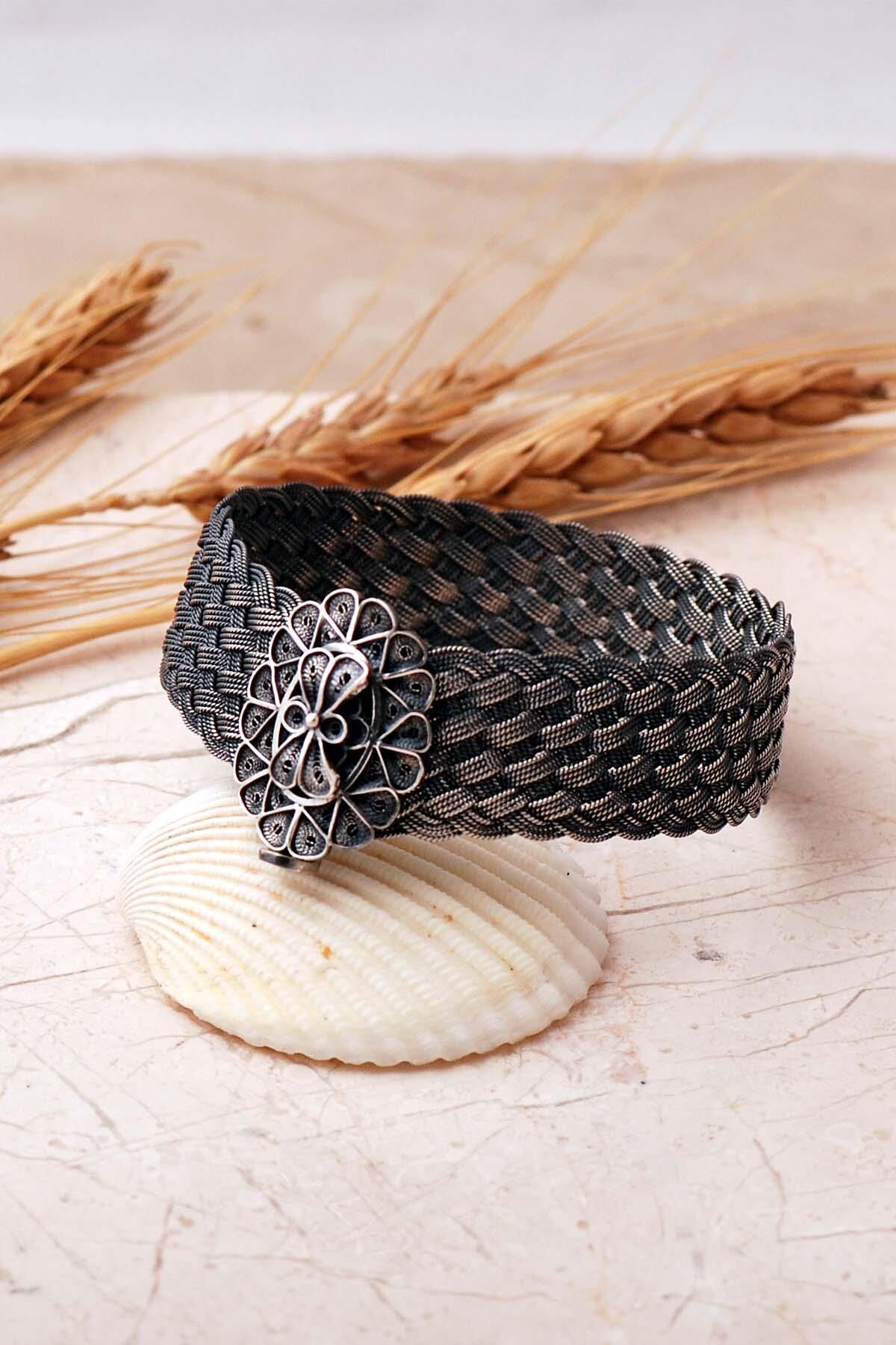 Sepet Örgü Hasır Telkari İşlemeli 925 Ayar Eskitme Gümüş Bilezik 4854