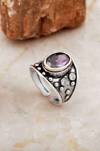 Ametist Taşlı Çekiç Dövme Elişi Tasarım Gümüş Yüzük 5840
