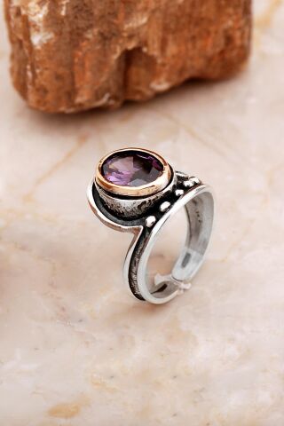 Ametist Taşlı Çekiç Dövme Elişi Tasarım Gümüş Yüzük 5840