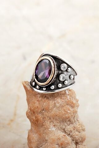 Ametist Taşlı Çekiç Dövme Elişi Tasarım Gümüş Yüzük 5840