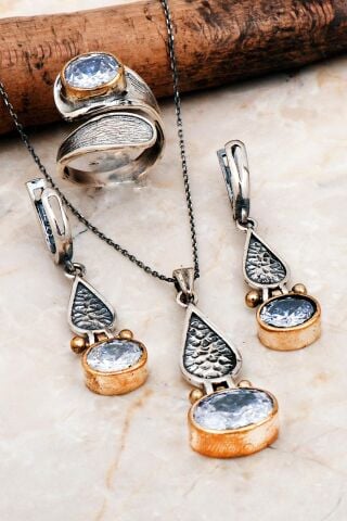 Kuvars Taşlı Tasarım Elişi Gümüş Set 2285