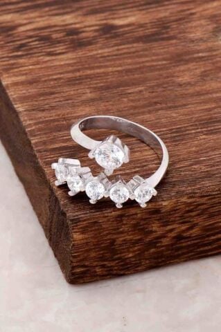 Tek Taş Beş Taş Kombin Tasarım Gümüş Yüzük 2671