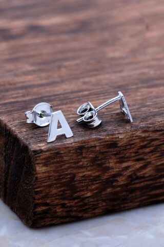 A Harfi Rodyumlu Gümüş Küpe 5946